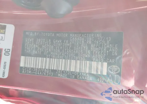 2014 Toyota Corolla Le Plus from USA, damaged, VIN 2T1BURHE1EC079130